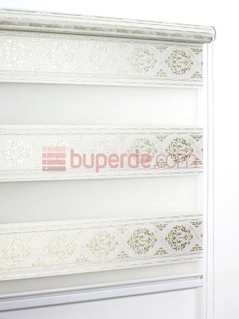 Beyaz Altın Jakarlı Pilise Zebra Perde Damask Desen NS4013 